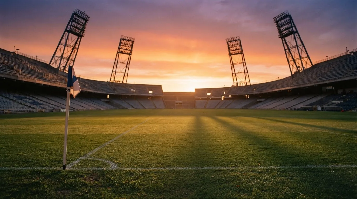 Un estadio de fútbol vacío con torres de iluminación al atardecer