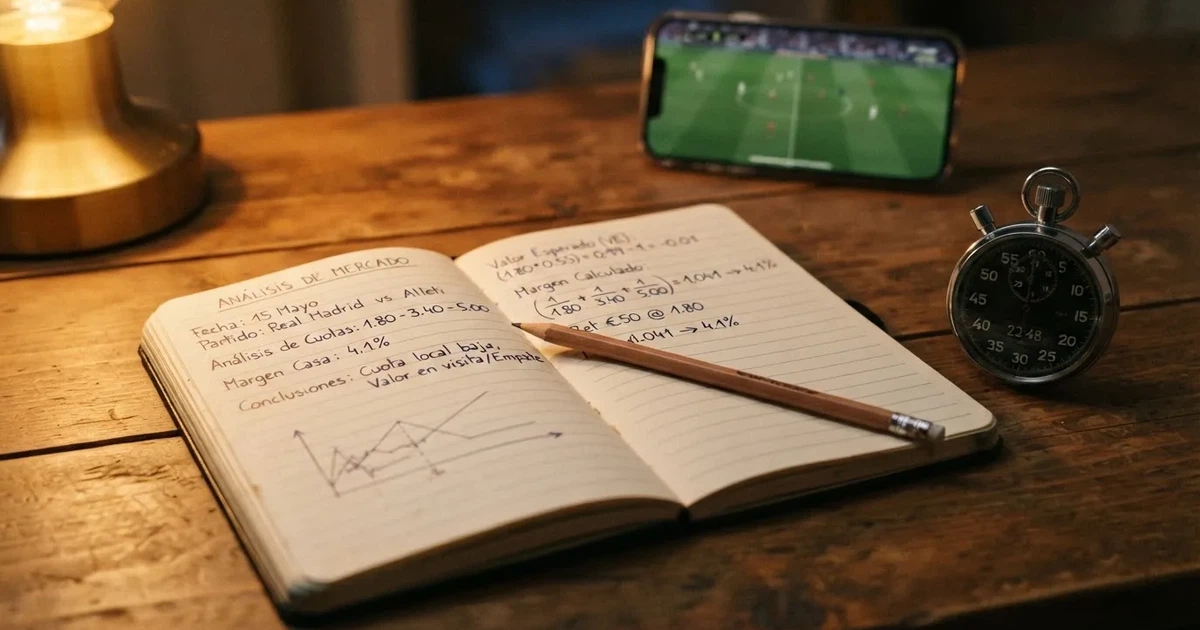 Un cuaderno abierto con un lápiz y un cronómetro sobre una mesa de madera