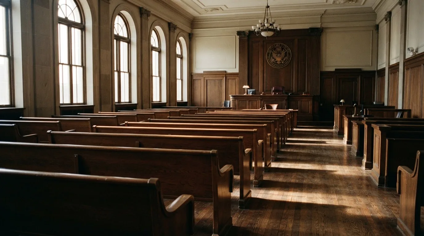 Una sala de tribunal vacía con bancos de madera a la luz de la mañana