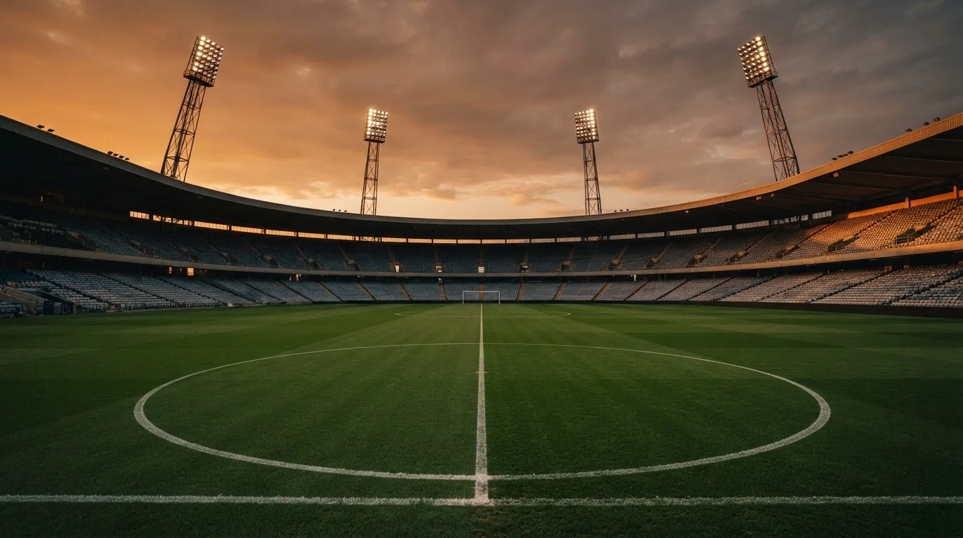 Un estadio de fútbol vacío con torres de iluminación al atardecer