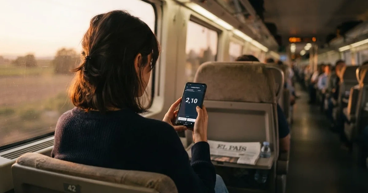 Una mano sostiene un móvil en el tren por la tarde, con la pantalla girada