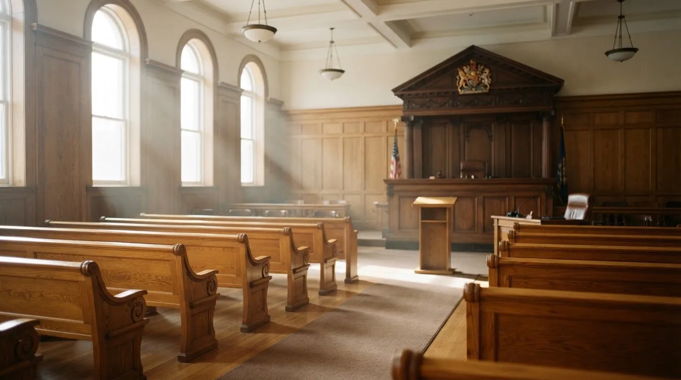 Una sala de tribunal vacía con bancos de madera a la luz de la mañana