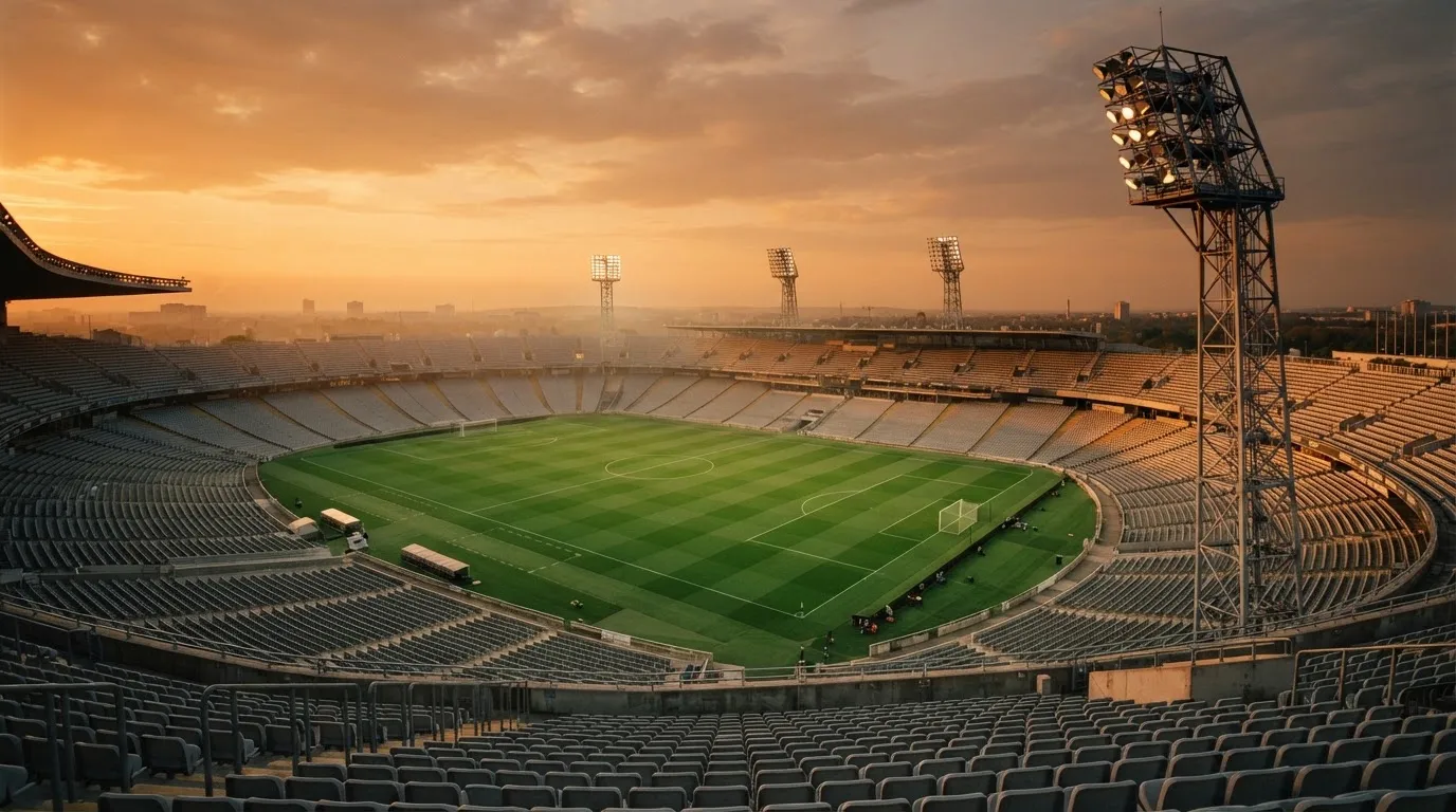 Un estadio de fútbol vacío con torres de iluminación al atardecer