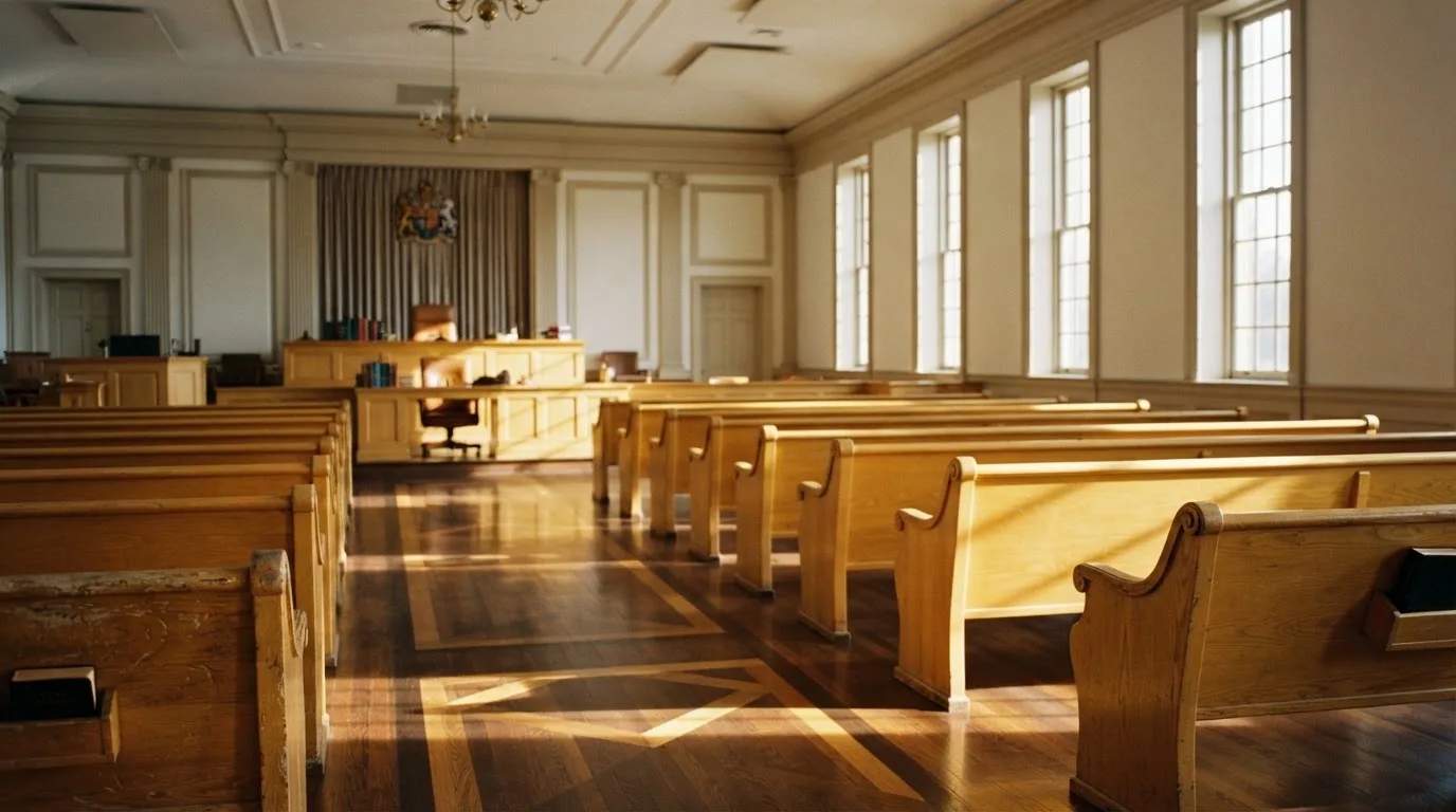 Una sala de tribunal vacía con bancos de madera a la luz de la mañana