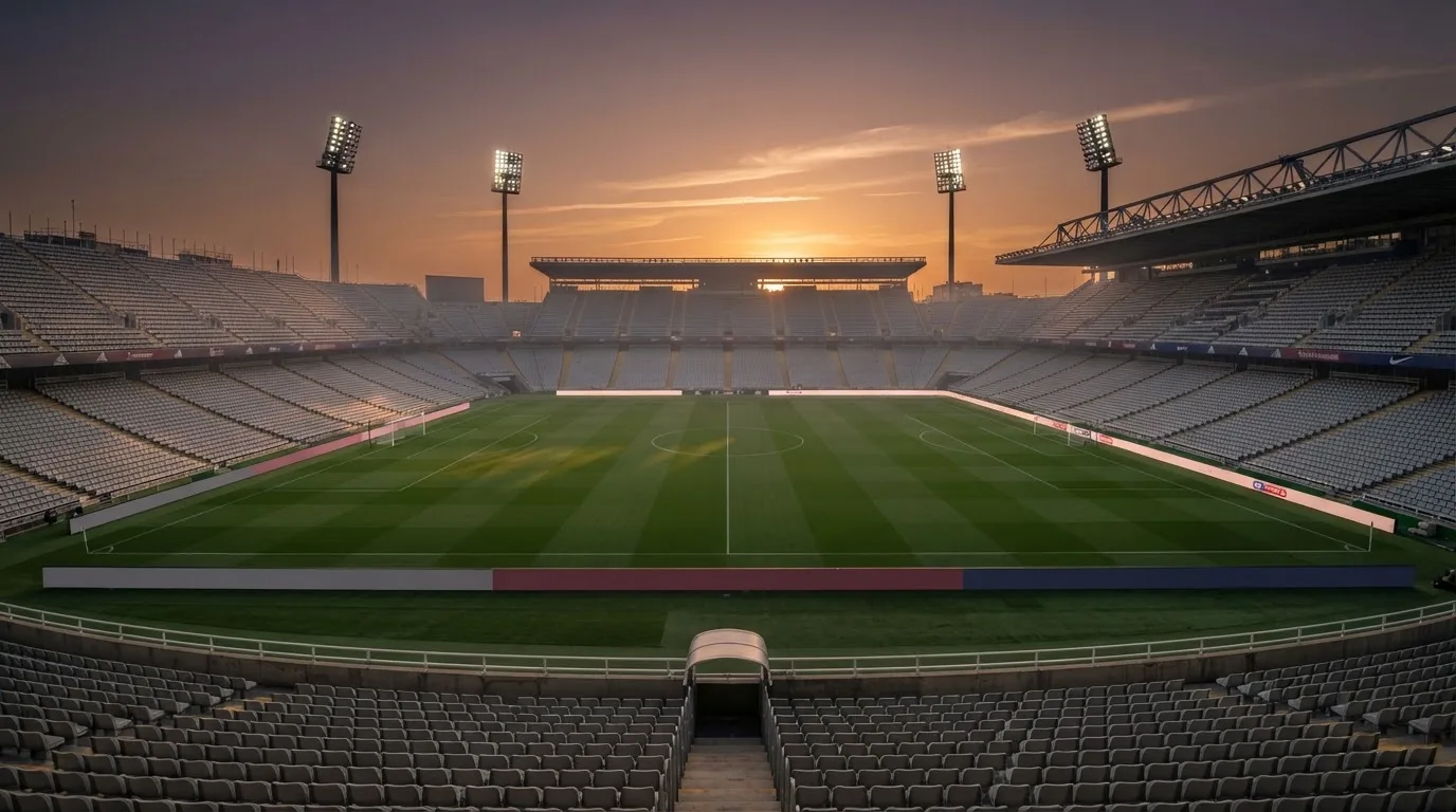 Un estadio de fútbol vacío con torres de iluminación al atardecer