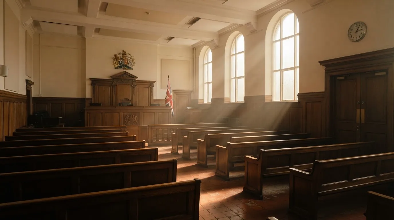 Una sala de tribunal vacía con bancos de madera a la luz de la mañana