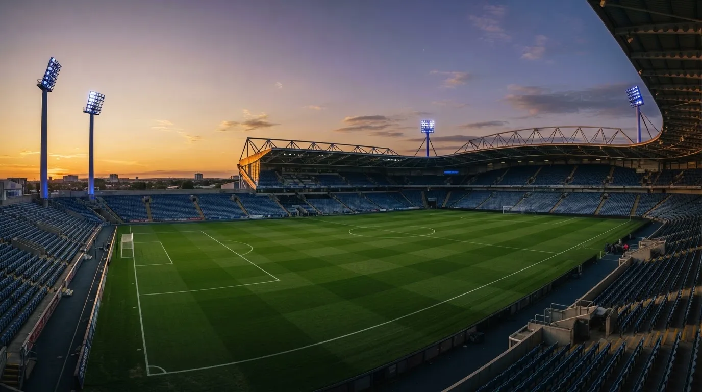 Un estadio de fútbol vacío con torres de iluminación al atardecer