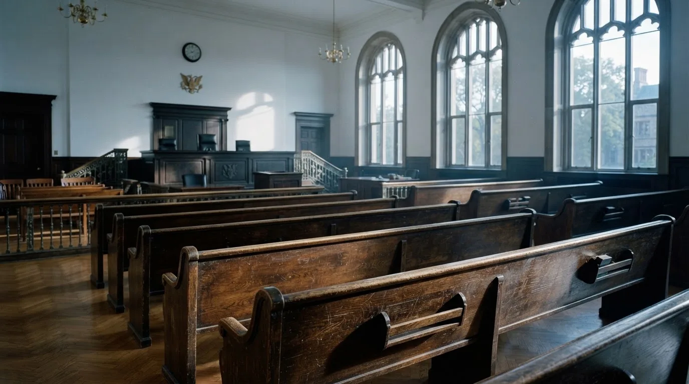 Una sala de tribunal vacía con bancos de madera a la luz de la mañana