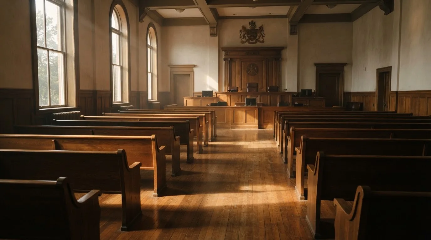 Una sala de tribunal vacía con bancos de madera a la luz de la mañana