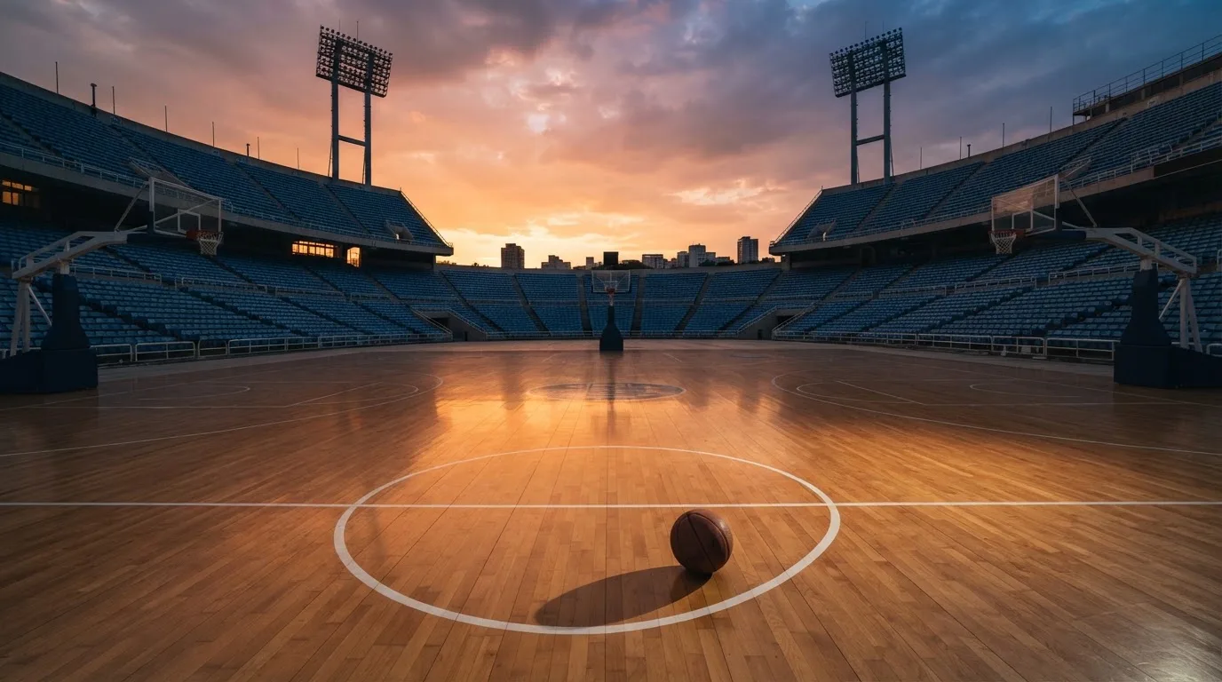 Un estadio de fútbol vacío con torres de iluminación al atardecer