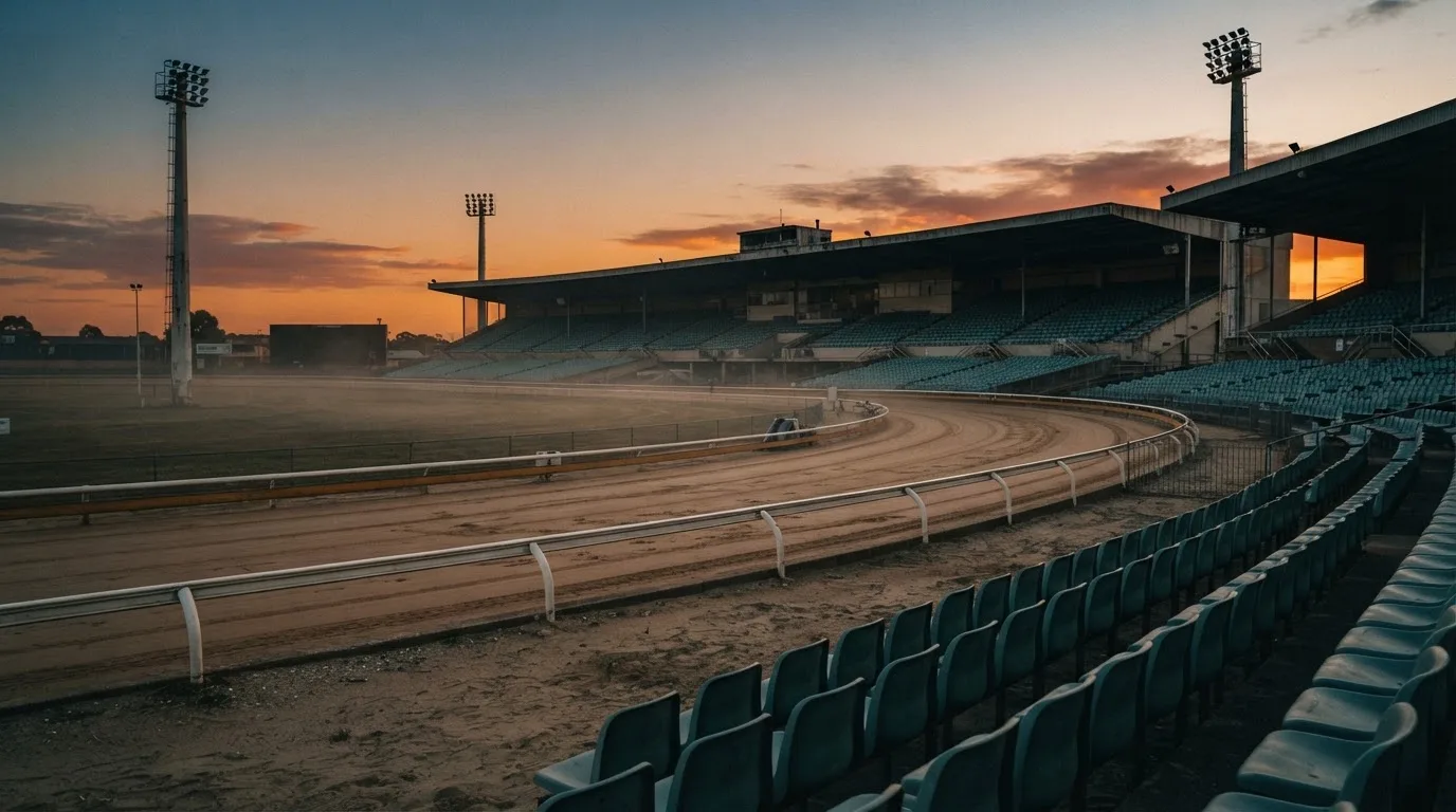 Un estadio de fútbol vacío con torres de iluminación al atardecer