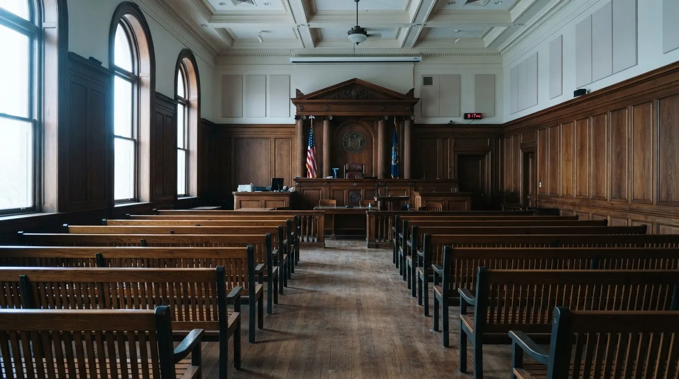 Una sala de tribunal vacía con bancos de madera a la luz de la mañana