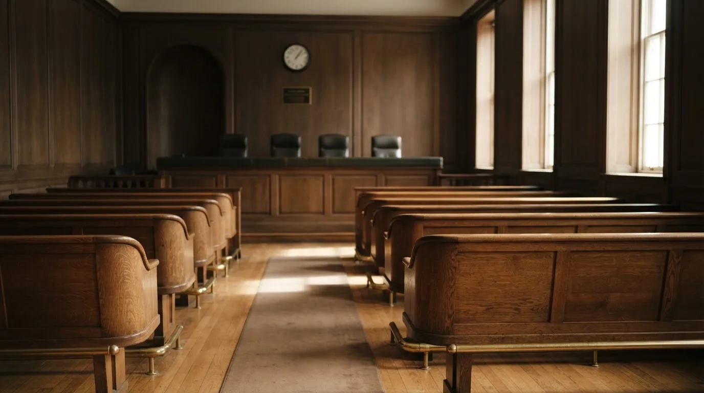 Una sala de tribunal vacía con bancos de madera a la luz de la mañana