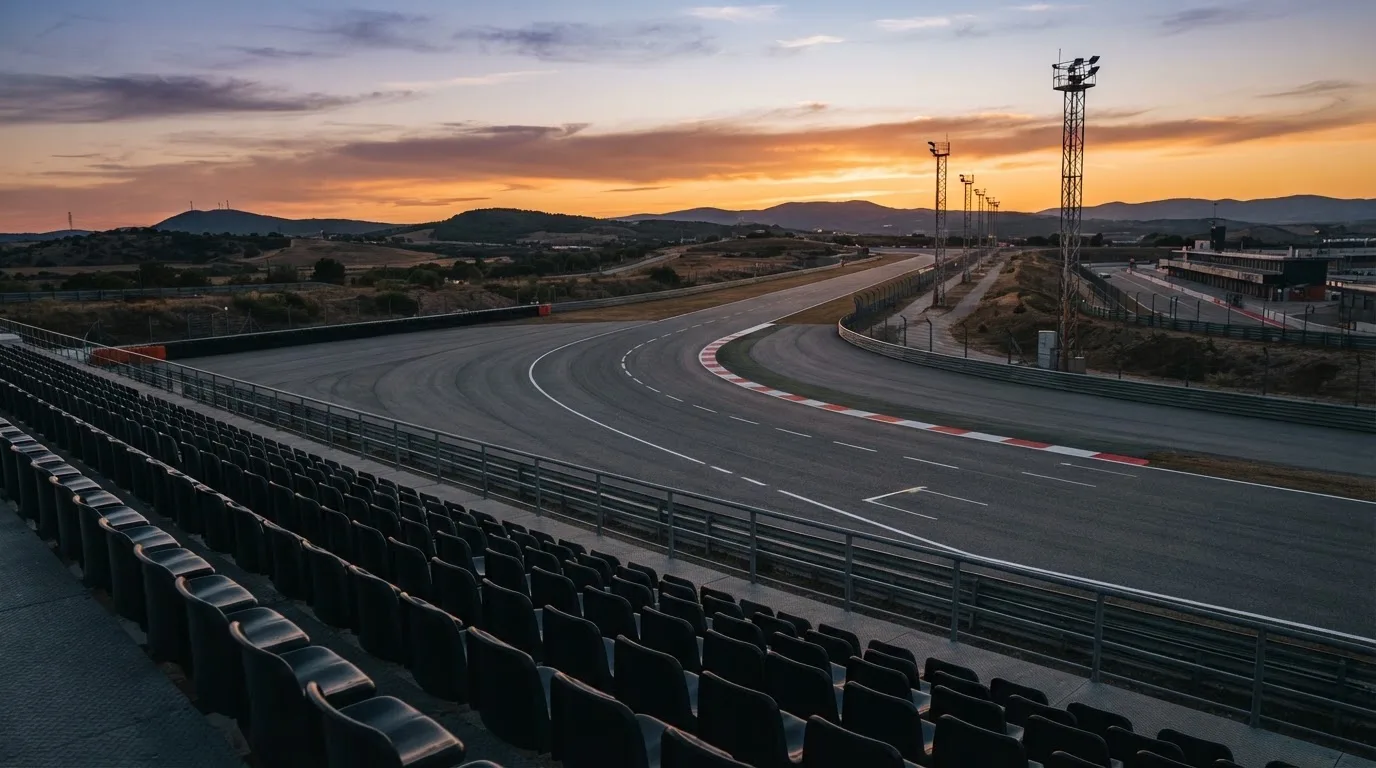Un estadio de fútbol vacío con torres de iluminación al atardecer