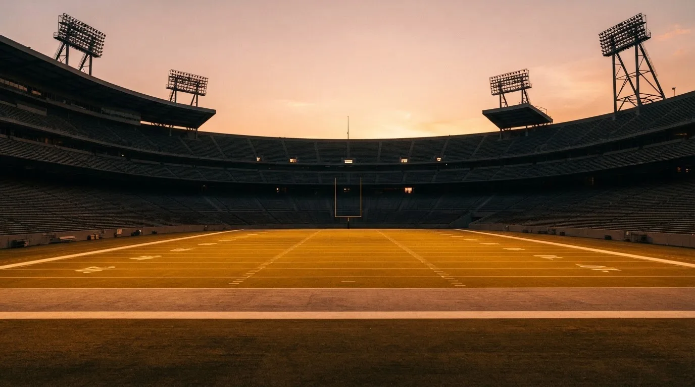 Un estadio de fútbol vacío con torres de iluminación al atardecer