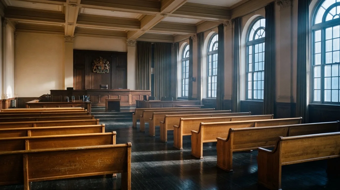 Una sala de tribunal vacía con bancos de madera a la luz de la mañana