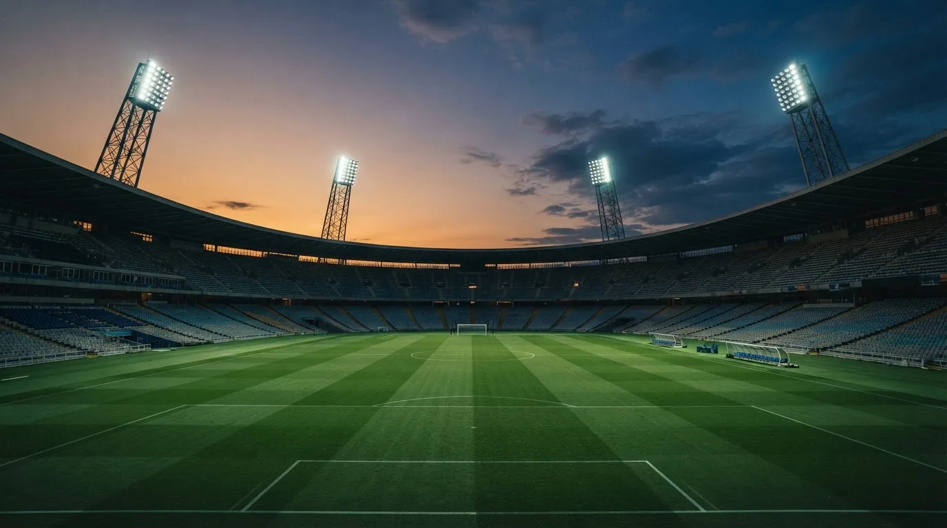 Un estadio de fútbol vacío con torres de iluminación al atardecer