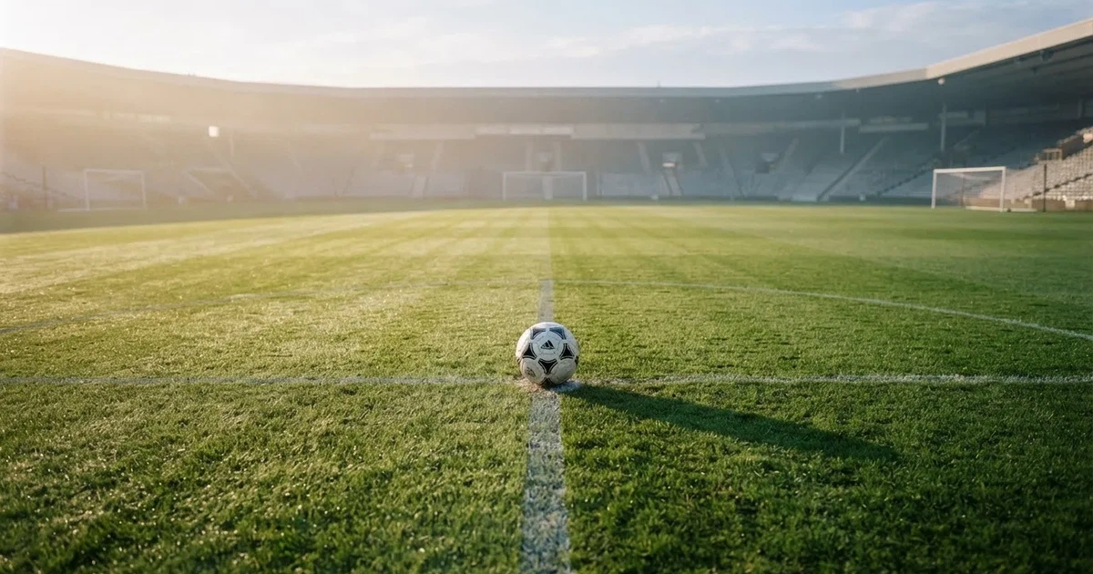 Un balón en el punto central de un campo de césped a la luz de la mañana
