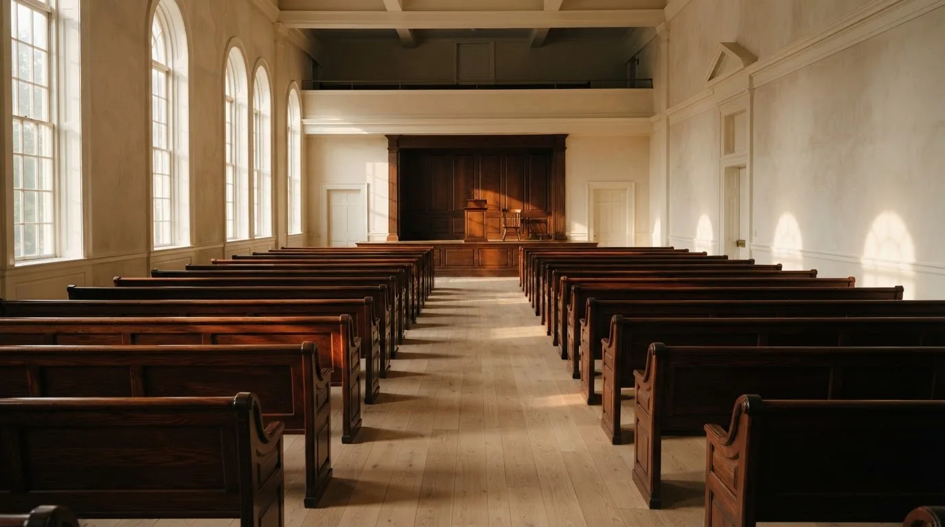 Una sala de tribunal vacía con bancos de madera a la luz de la mañana