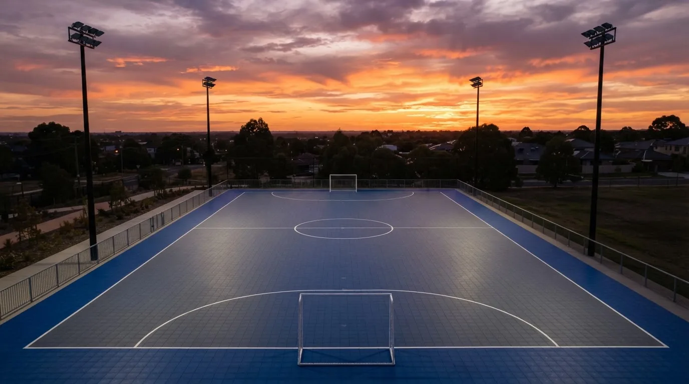 Un estadio de fútbol vacío con torres de iluminación al atardecer