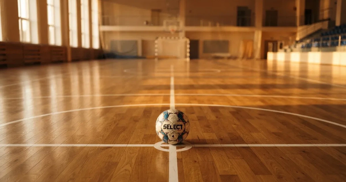 Un balón en el punto central de un campo de césped a la luz de la mañana