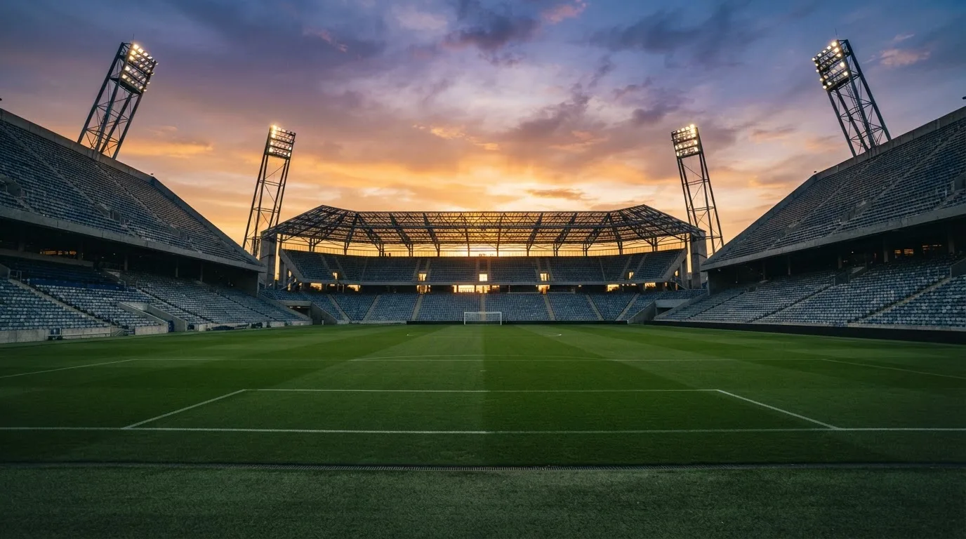 Un estadio de fútbol vacío con torres de iluminación al atardecer