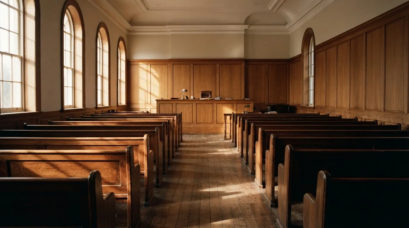 Una sala de tribunal vacía con bancos de madera a la luz de la mañana