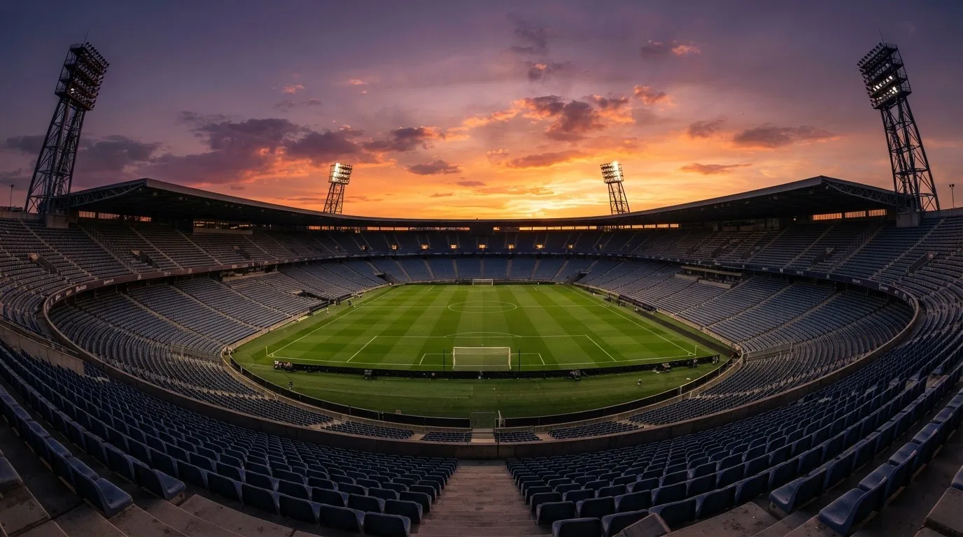 Un estadio de fútbol vacío con torres de iluminación al atardecer