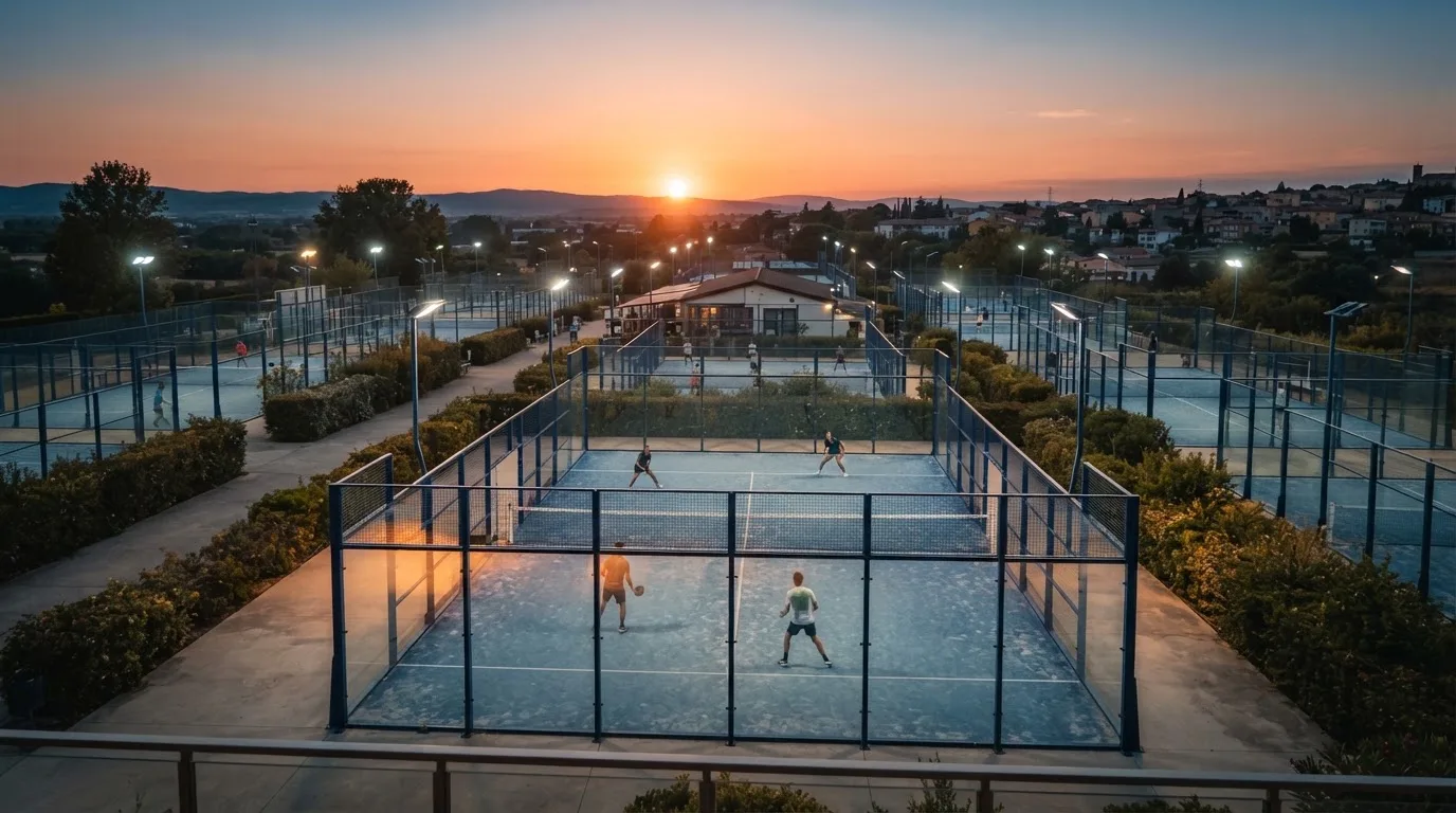 Un estadio de fútbol vacío con torres de iluminación al atardecer