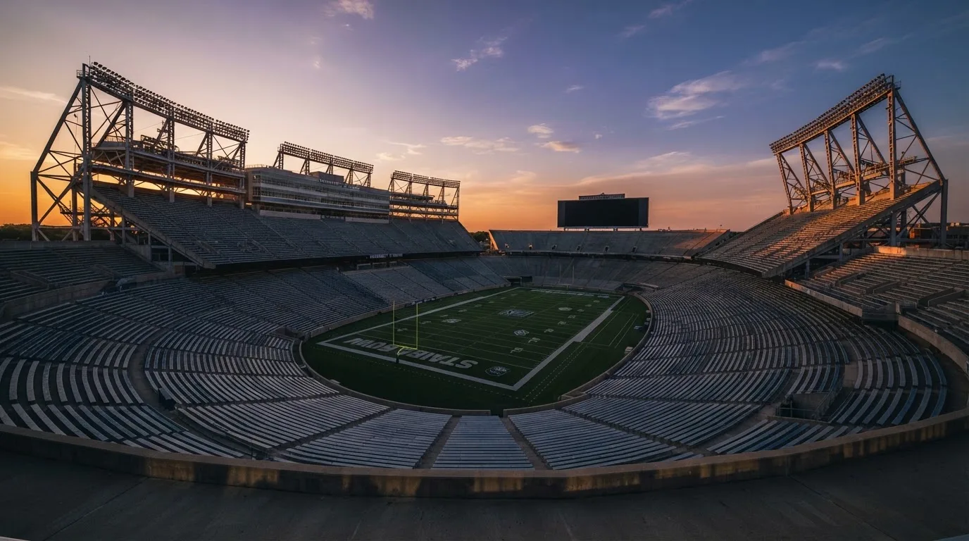 Un estadio de fútbol vacío con torres de iluminación al atardecer