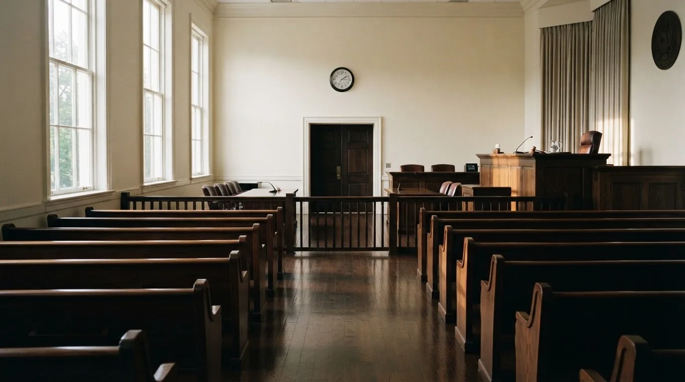 Una sala de tribunal vacía con bancos de madera a la luz de la mañana
