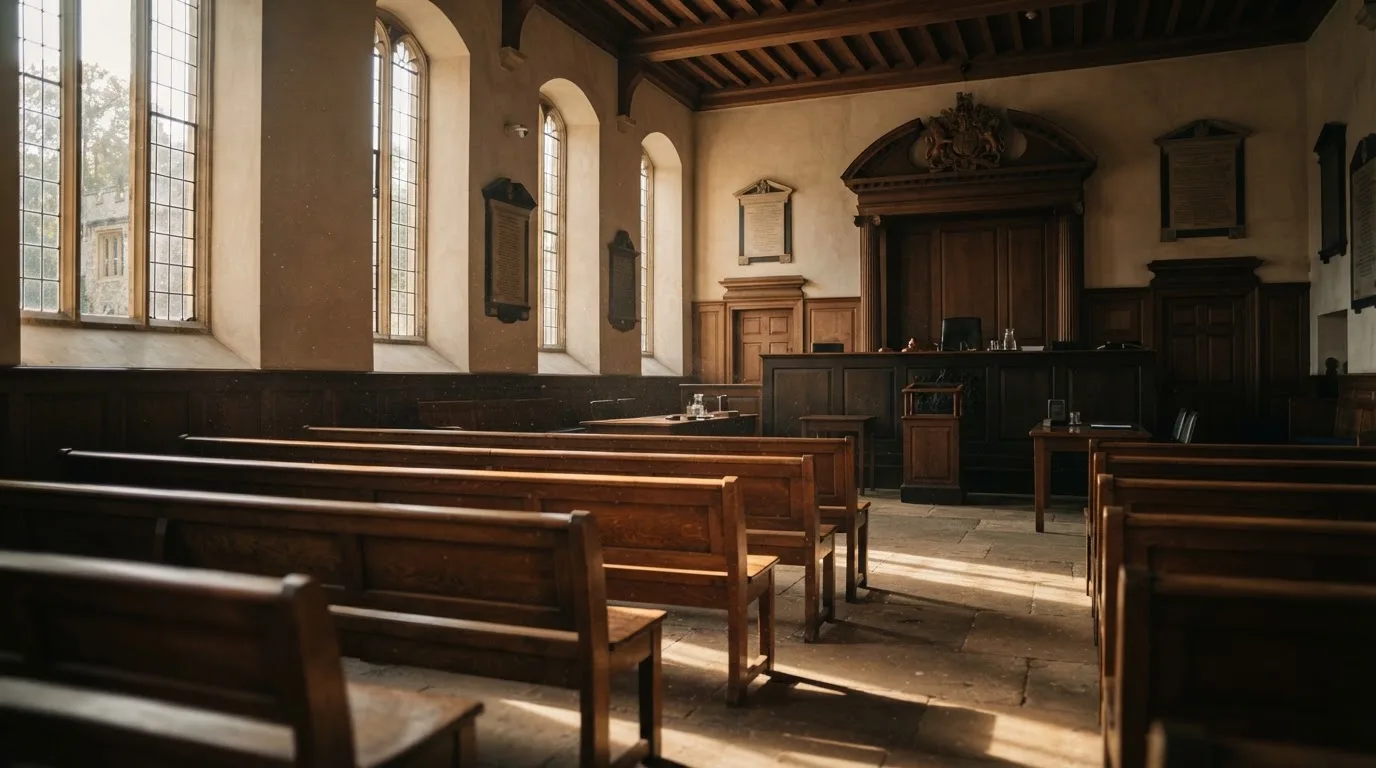 Una sala de tribunal vacía con bancos de madera a la luz de la mañana