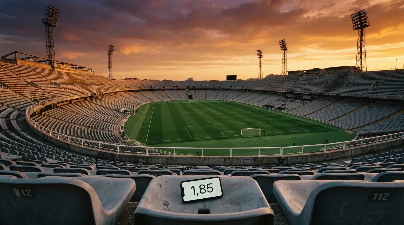 Un estadio de fútbol vacío con torres de iluminación al atardecer