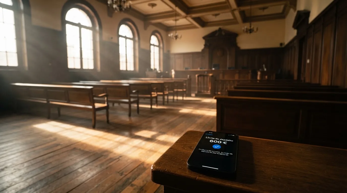Una sala de tribunal vacía con bancos de madera a la luz de la mañana