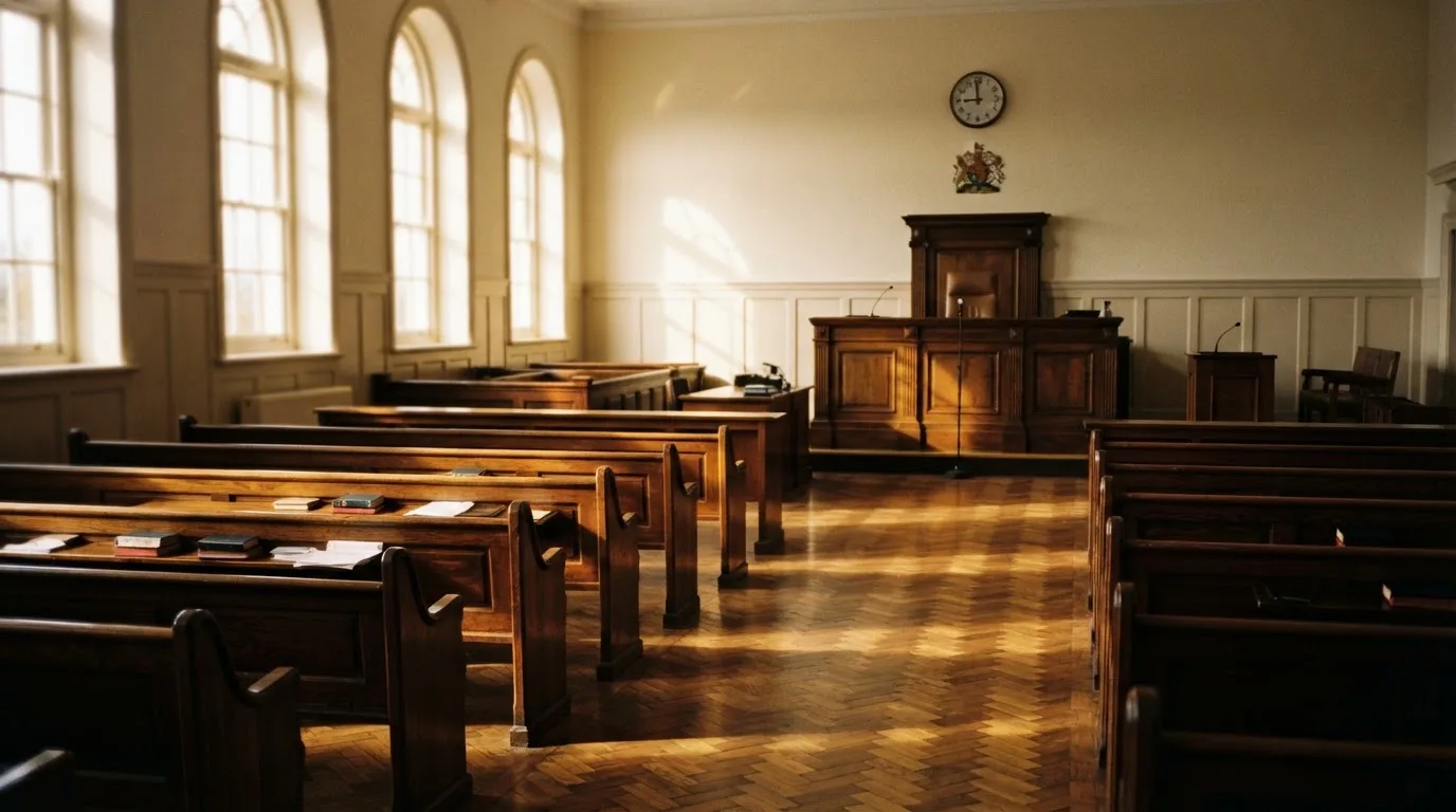 Una sala de tribunal vacía con bancos de madera a la luz de la mañana