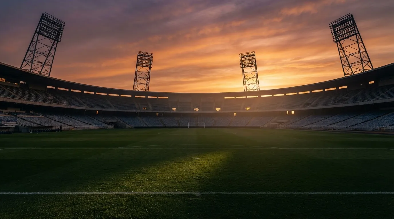Un estadio de fútbol vacío con torres de iluminación al atardecer