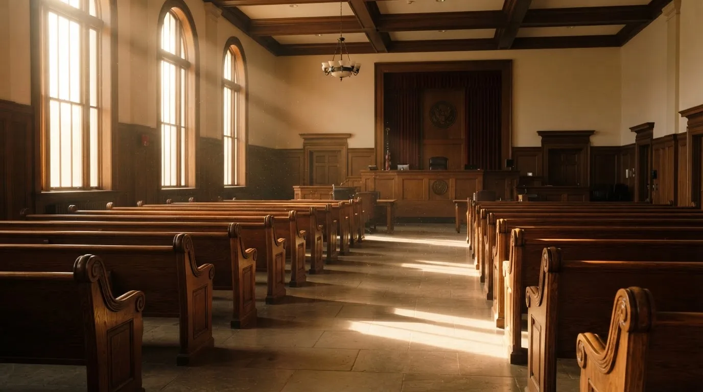 Una sala de tribunal vacía con bancos de madera a la luz de la mañana