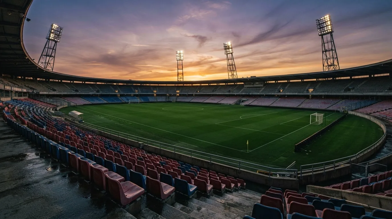 Un estadio de fútbol vacío con torres de iluminación al atardecer
