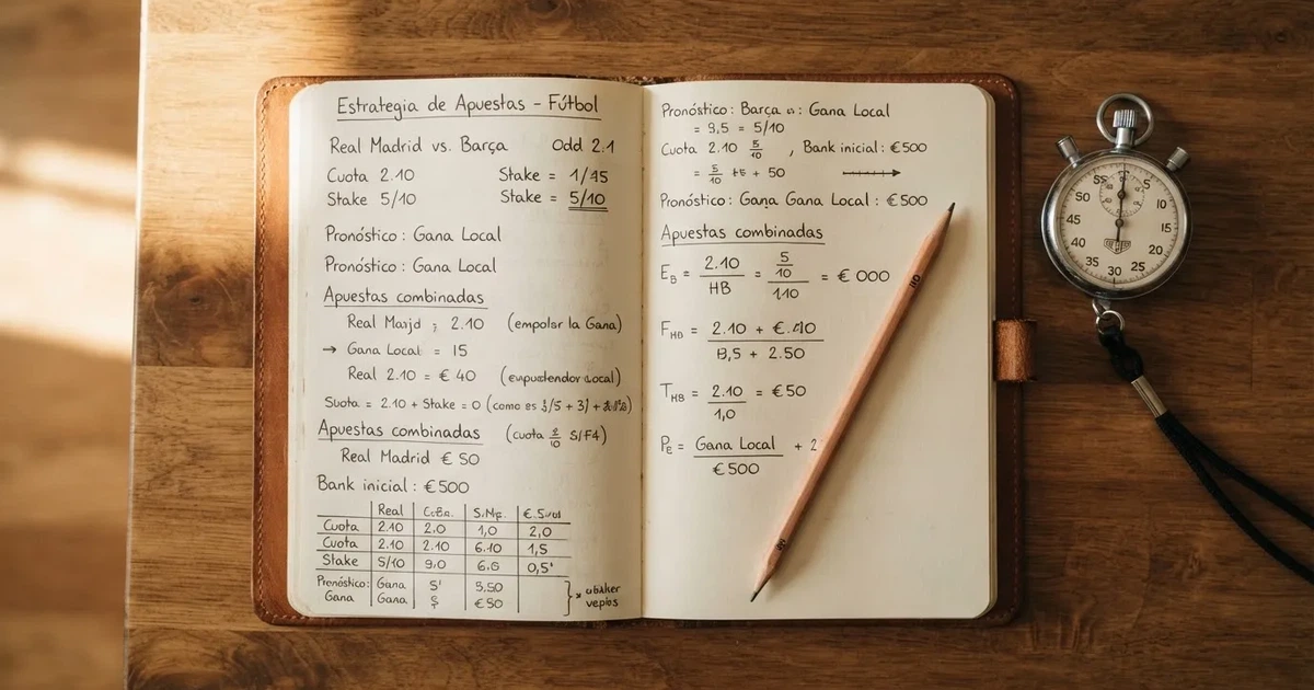 Un cuaderno abierto con un lápiz y un cronómetro sobre una mesa de madera