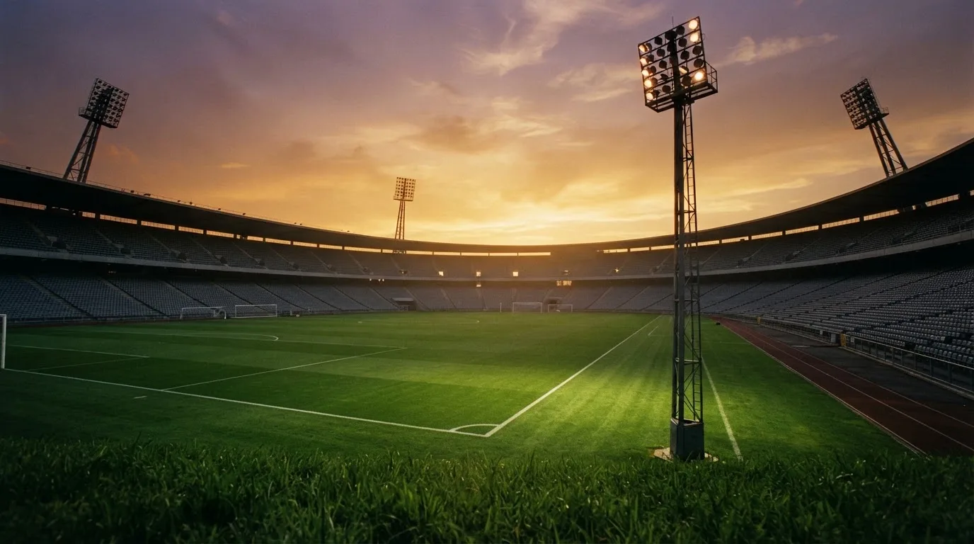 Un estadio de fútbol vacío con torres de iluminación al atardecer