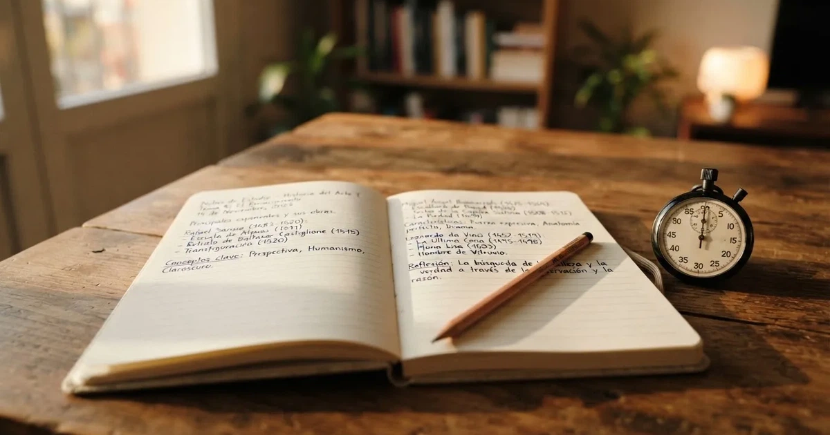 Un cuaderno abierto con un lápiz y un cronómetro sobre una mesa de madera