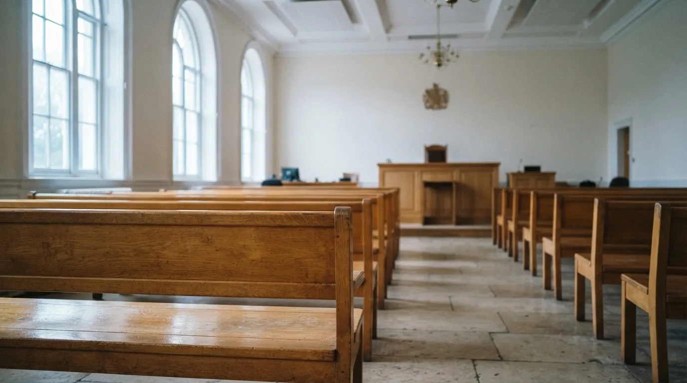 Una sala de tribunal vacía con bancos de madera a la luz de la mañana