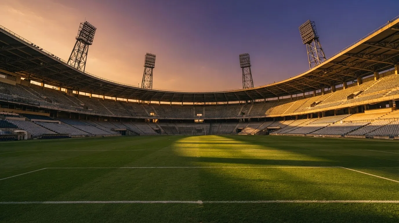 Un estadio de fútbol vacío con torres de iluminación al atardecer