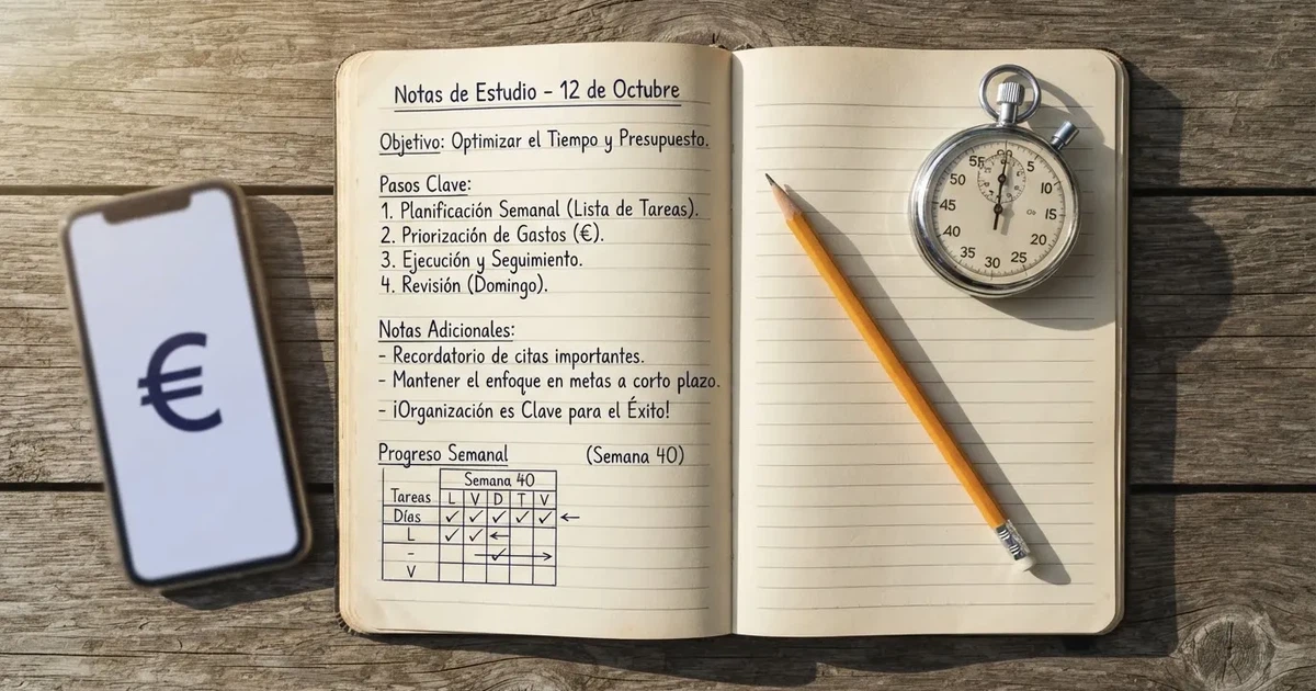Un cuaderno abierto con un lápiz y un cronómetro sobre una mesa de madera