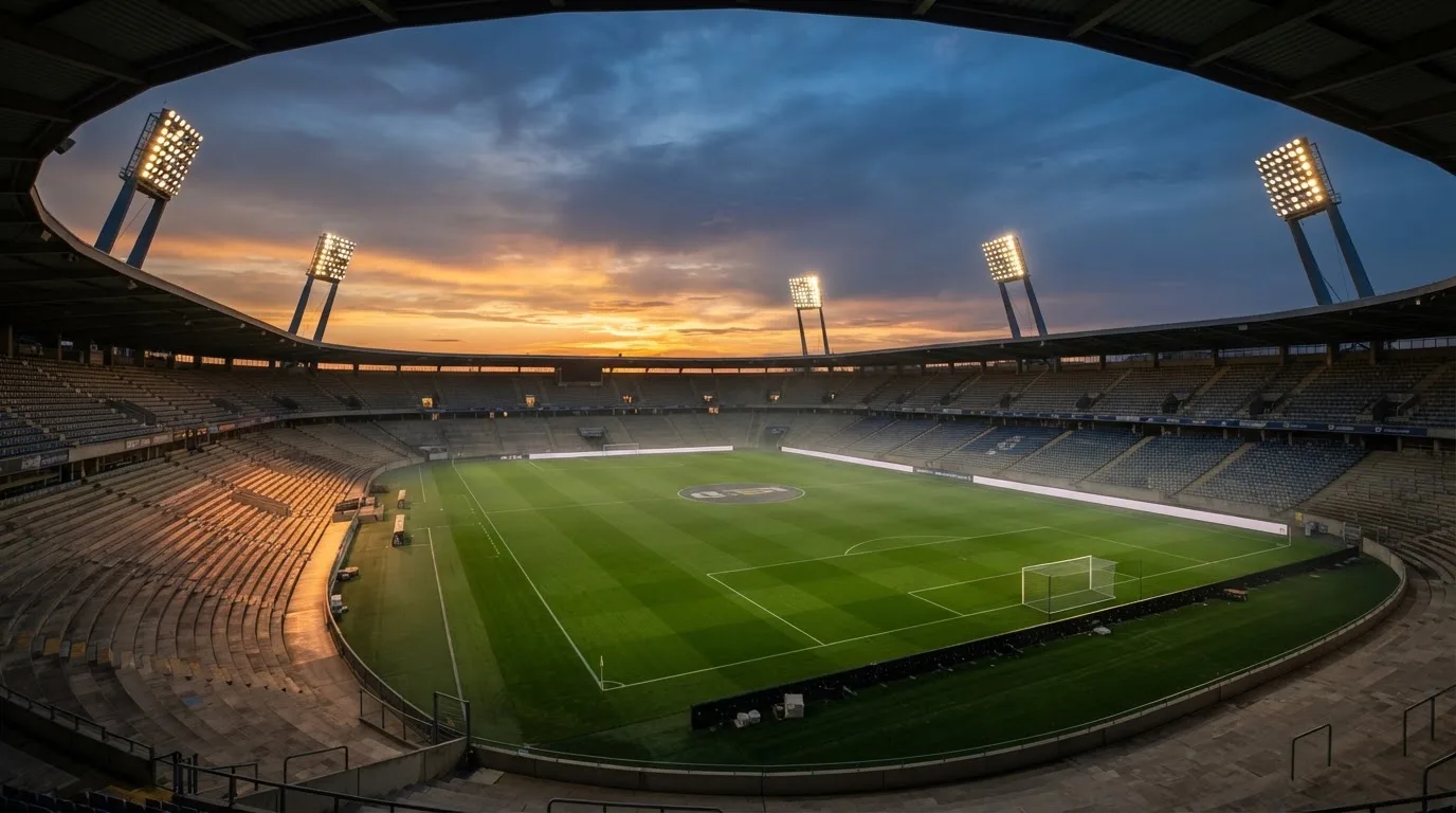 Un estadio de fútbol vacío con torres de iluminación al atardecer