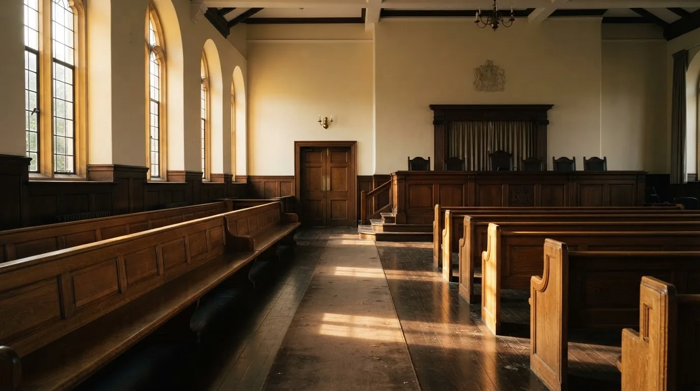 Una sala de tribunal vacía con bancos de madera a la luz de la mañana