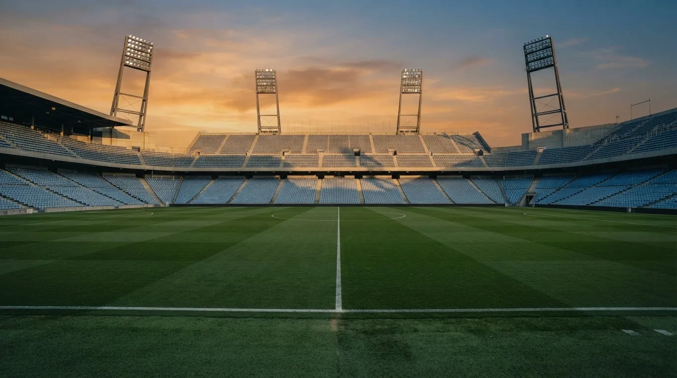 Un estadio de fútbol vacío con torres de iluminación al atardecer