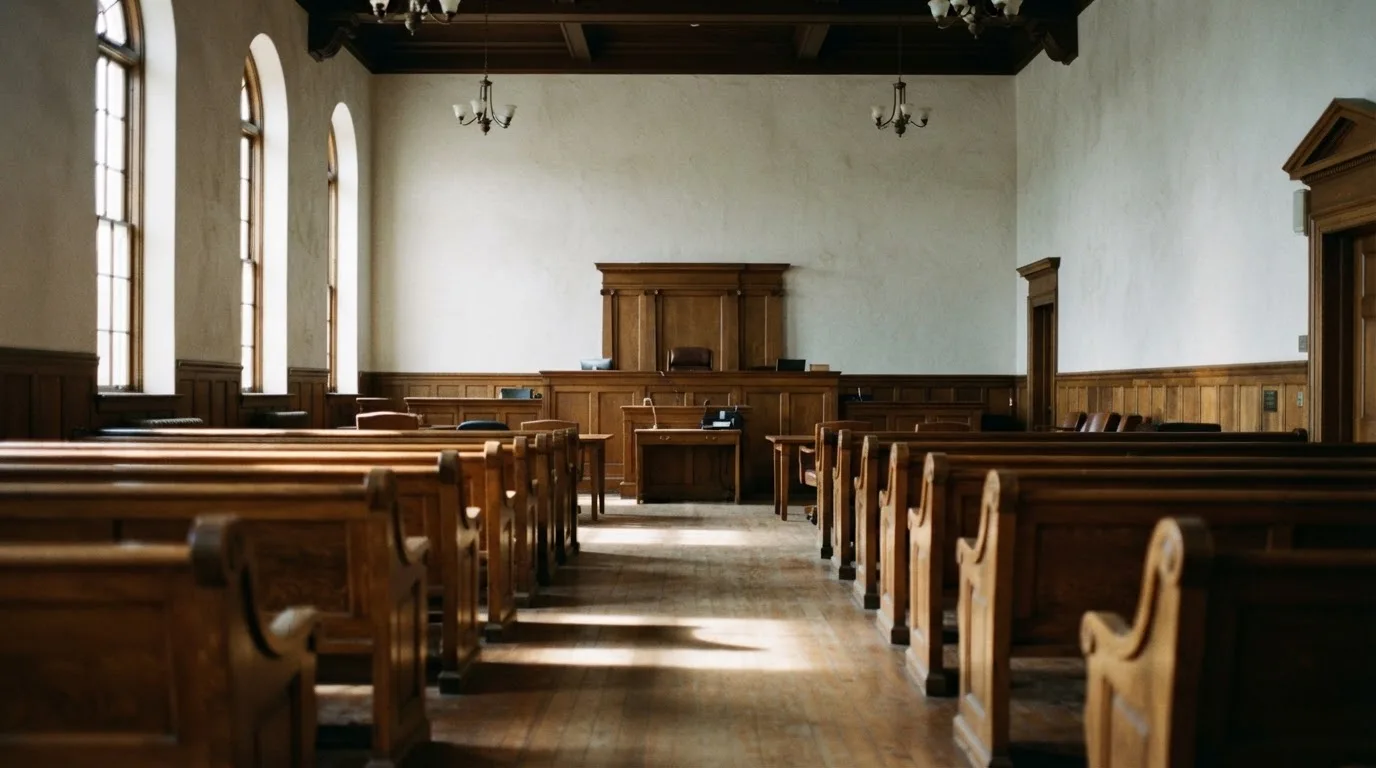 Una sala de tribunal vacía con bancos de madera a la luz de la mañana