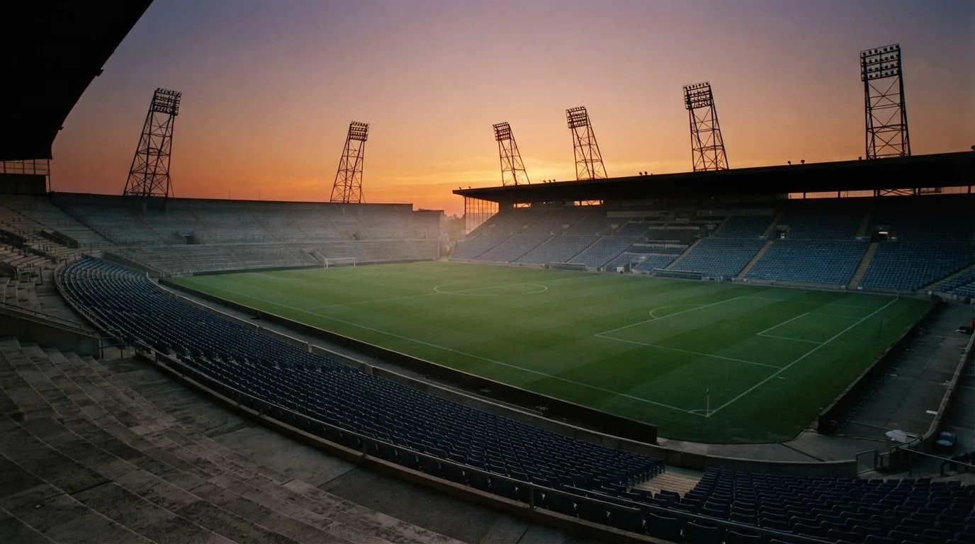 Un estadio de fútbol vacío con torres de iluminación al atardecer