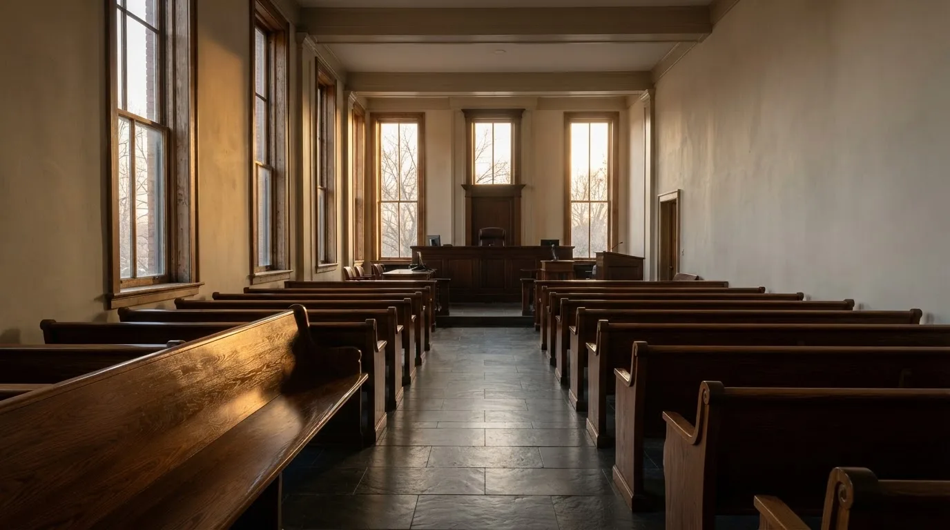 Una sala de tribunal vacía con bancos de madera a la luz de la mañana